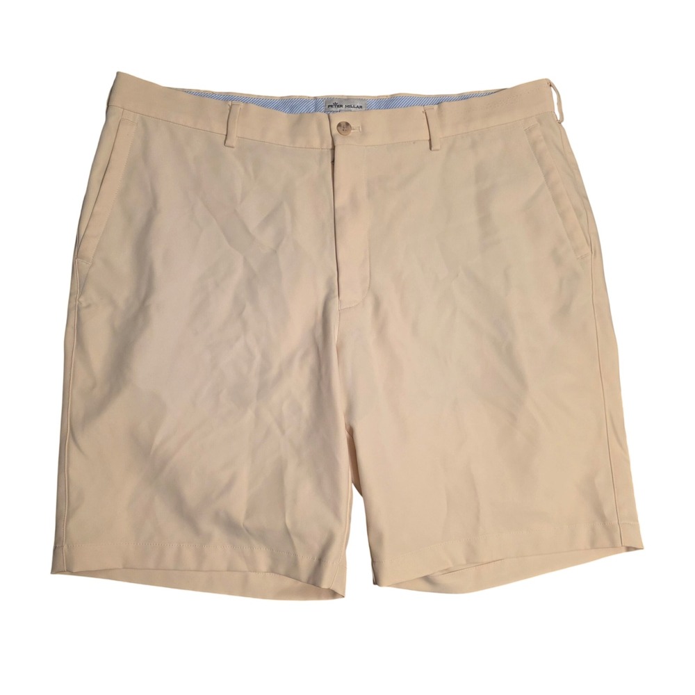Peter Millar Mens Yellow Performance Golf Shorts Size 38 Flat Front Polyester